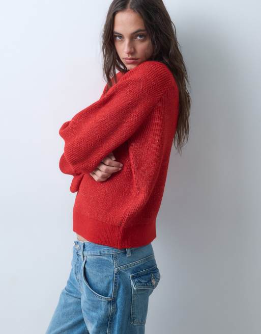 Reclaimed Vintage jersey de punto de mangas abullonadas en rojo, 3 de 5