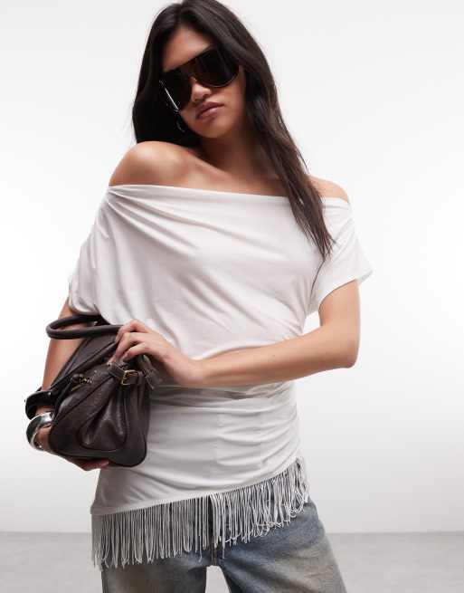 Reclaimed Vintage jersey offshoulder-top med frynser i cream