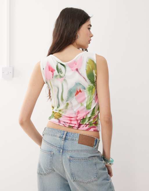 Reclaimed Vintage jersey tank with tulip flower print and embellishment in white