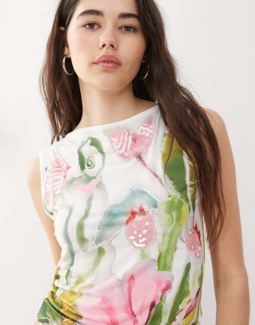 Reclaimed Vintage jersey tank with tulip flower print and embellishment in white