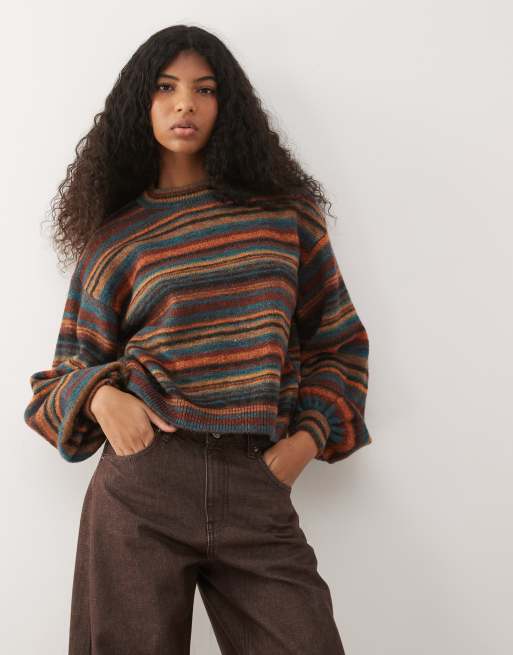 Reclaimed Vintage jumper with balloon sleeves in green and brown