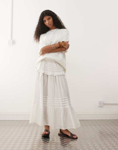 Reclaimed Vintage - Jupe mi-longue à enfiler en broderie anglaise - Blanc - view 1