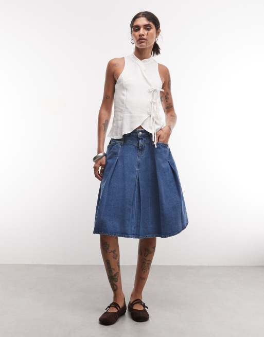 Reclaimed Vintage jupe midi plissée en denim indigo