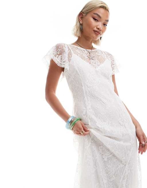 Reclaimed Vintage - Kanten maxi jurk met slipdress in wit, 2 van 4