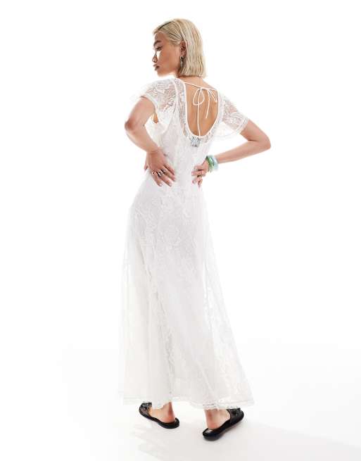 Reclaimed Vintage - Kanten maxi jurk met slipdress in wit, 4 van 4