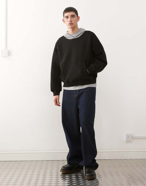 Reclaimed Vintage – Kapuzenpullover aus schwerem Stoff in Schwarz mit karierter Kapuze aus Webstoff und Rückenprint - view 1