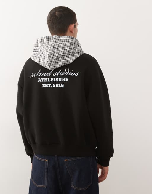 Reclaimed Vintage – Kapuzenpullover aus schwerem Stoff in Schwarz mit karierter Kapuze aus Webstoff und Rückenprint