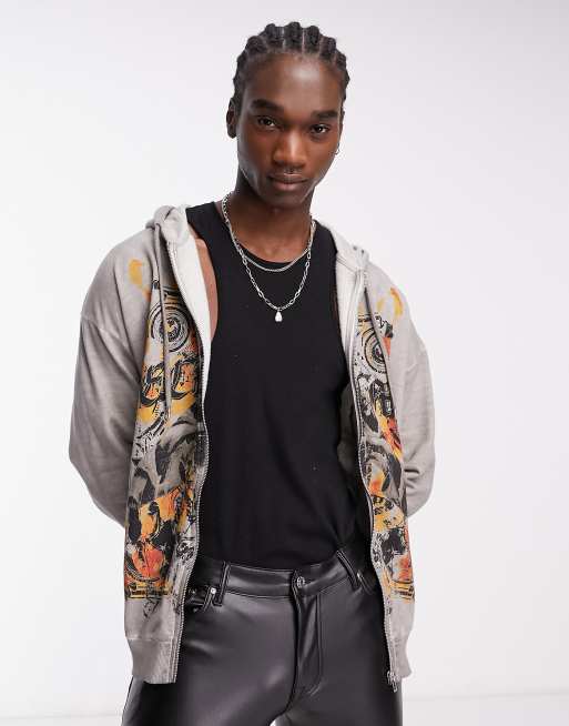 Reclaimed Vintage – Kapuzenpullover in Ecru mit Flammenmotiv