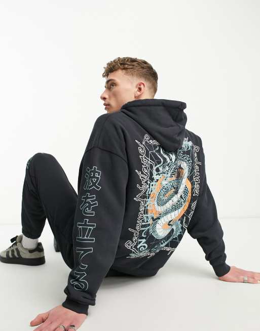 Reclaimed Vintage Kapuzenpullover in verwaschenem Anthrazit mit Drachenprint Kombiteil ASOS