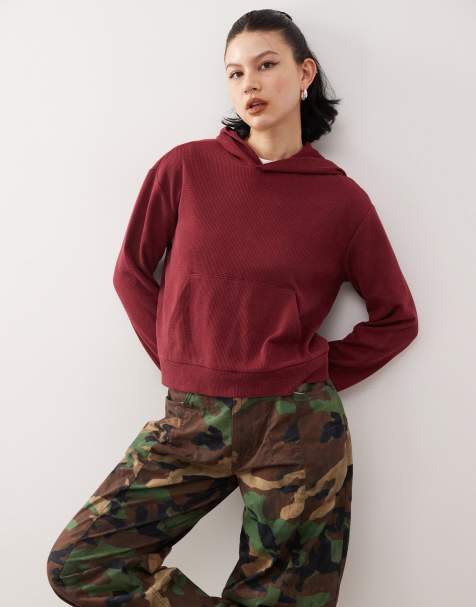 Reclaimed Vintage – Kapuzenpullover in verwaschenem Burgunderrot mit Waffelstruktur - view 1