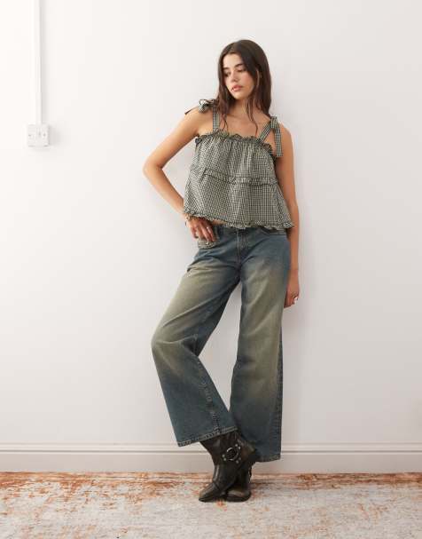 Reclaimed Vintage – Kariertes Camisole-Hängeroberteil in Grün und Blau mit gebundenen Trägern und Rüschen - view 2