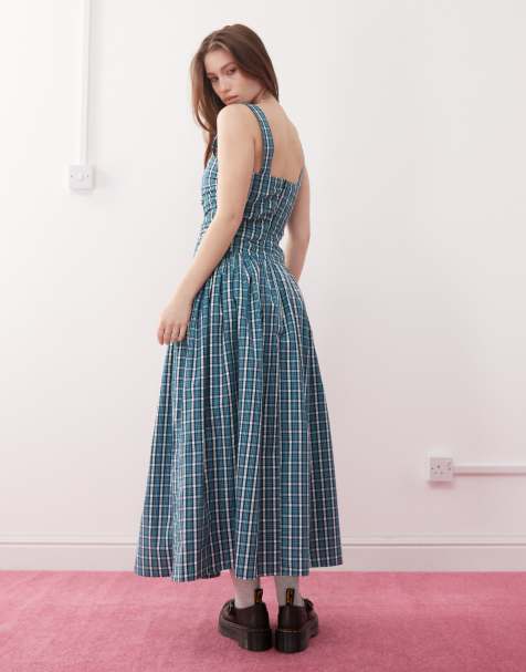 Reclaimed Vintage – Kariertes Midi-Sommerkleid in Grün kariert mit tief angesetzter Taille - view 1