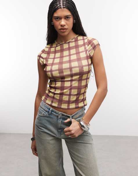 Reclaimed Vintage – Kariertes T-Shirt aus Netzstoff in Gelb und Braun - view 1