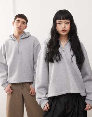 Reclaimed Vintage – Kastig geschnittener Unisex-Kapuzenpullover in Grau meliert mit kurzem Reißverschluss - view 1