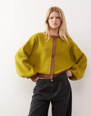 Reclaimed Vintage - Kastige Strickjacke in Olivgrün und Braun mit Blockfarbendesign und Kokon-Ärmeln-Blau