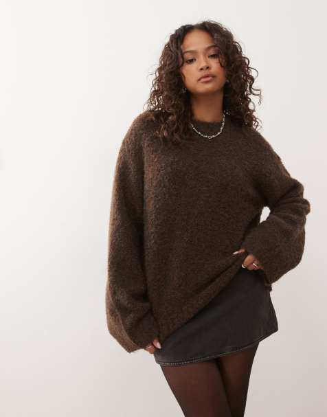 Reclaimed Vintage – Kastiger Bouclé-Pullover in Schokobraun mit Rundhalsausschnitt - view 1