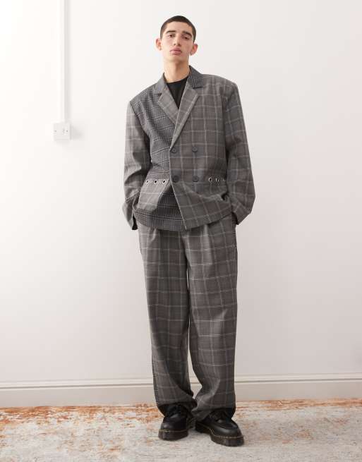 Reclaimed Vintage – Kastiger Oversize-Blazer in Grau mit geteiltem Karomuster und Ösendetail, Kombiteil, 2 von 5