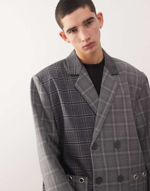 Reclaimed Vintage – Kastiger Oversize-Blazer in Grau mit geteiltem Karomuster und Ösendetail, Kombiteil, 3 von 5