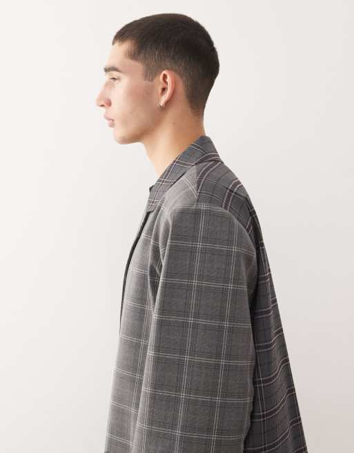 Reclaimed Vintage – Kastiger Oversize-Blazer in Grau mit geteiltem Karomuster und Ösendetail, Kombiteil, 4 von 5