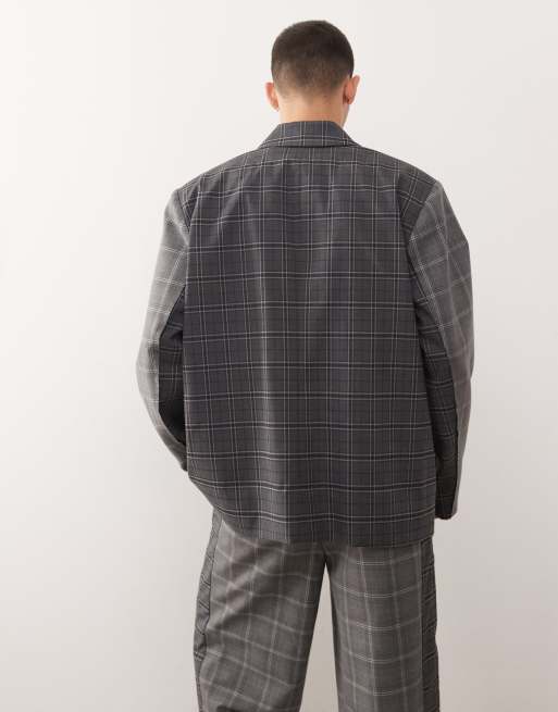 Reclaimed Vintage – Kastiger Oversize-Blazer in Grau mit geteiltem Karomuster und Ösendetail, Kombiteil, 5 von 5