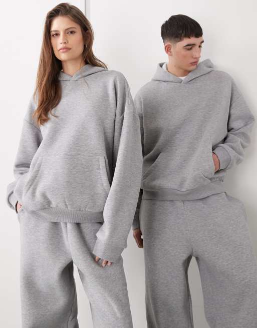 Reclaimed Vintage – Kastiger Unisex-Kapuzenpullover aus schwerem Stoff in meliertem Grau, Kombiteil, 1 von 4