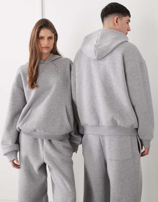 Reclaimed Vintage – Kastiger Unisex-Kapuzenpullover aus schwerem Stoff in meliertem Grau, Kombiteil, 2 von 4
