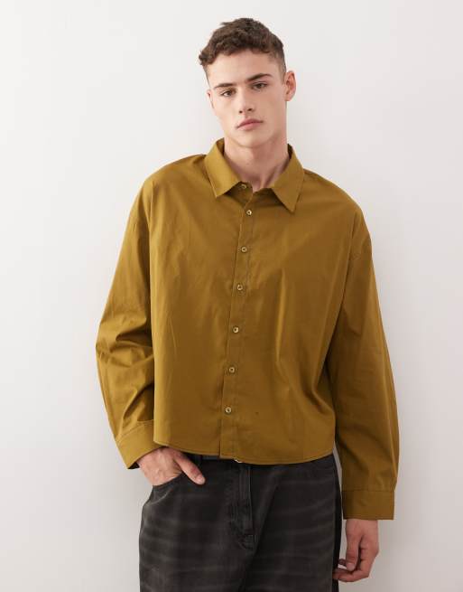 Reclaimed Vintage – Kastiges Cropped Fit Hemd in Khaki und Marineblau mit Kontrastnähten
