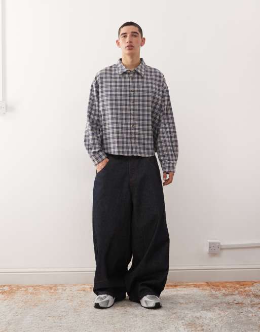 Reclaimed Vintage – Kastiges Cropped-Hemd aus angerautem Stoff in Grau kariert, 3 von 5