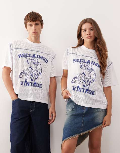 Reclaimed Vintage – Kastiges Unisex-T-Shirt aus Airtex in Weiß mit Western-Grafik - view 1