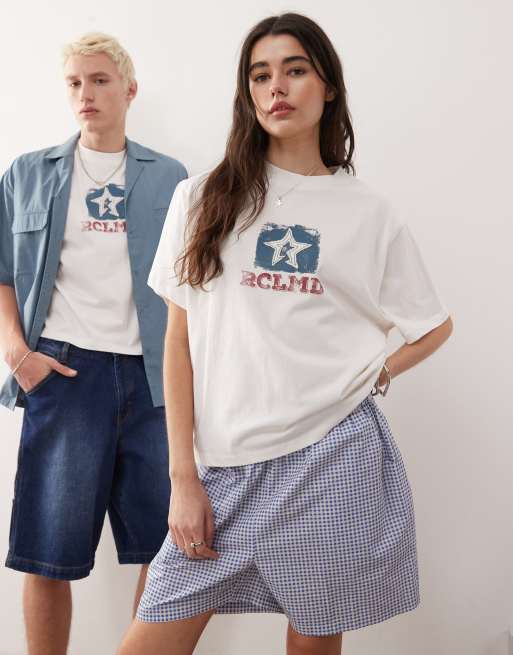 Reclaimed Vintage – Kastiges Unisex-T-Shirt in Cremeweiß mit Print mit Stern-Applikation