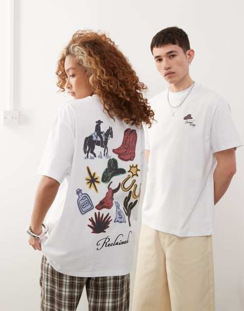 Reclaimed Vintage – Kastiges Unisex-T-Shirt in Weiß mit Cowboy-Grafikprint auf der Rückseite - view 1