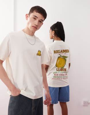 Reclaimed Vintage - Kastiges Unisex-T-Shirt in Wollweiß mit Zitronen-Grafikprint