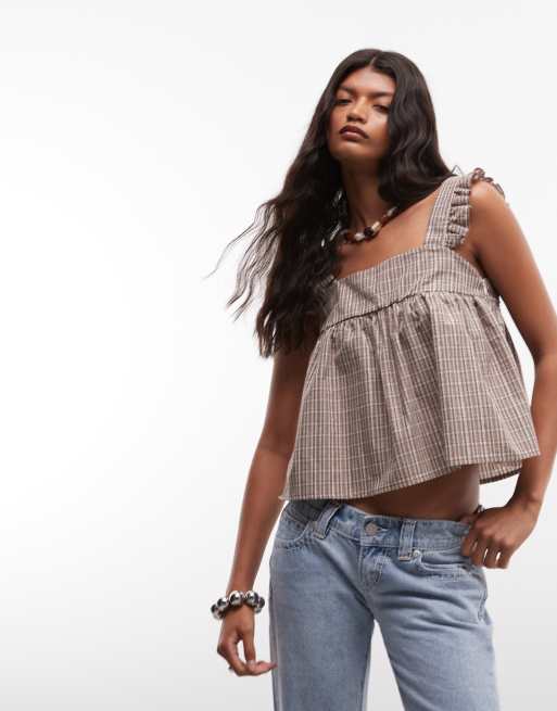 Reclaimed Vintage katoenen smockblouse in bruine ruit