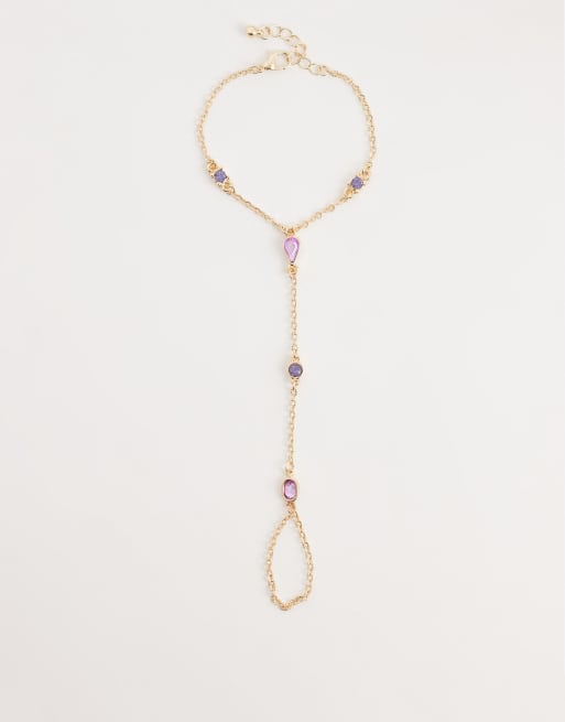 Reclaimed Vintage – Kettenarmband in Gold mit Ringgliedern und rosa Schmucksteinen