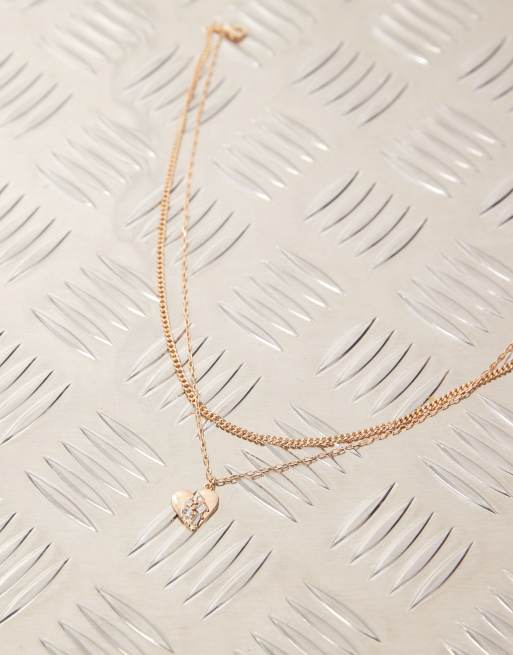 Reclaimed Vintage - Ketting met 2 rijen met schakelketting en harthangertje in goud