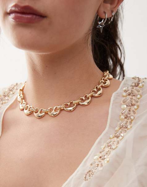 Reclaimed Vintage - Ketting met geschakelde hartjes in goud - view 1
