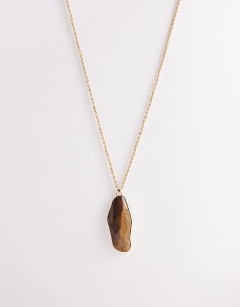 Reclaimed Vintage - Ketting met lange hanger van tijgeroog-halfedelsteen in goud - view 1