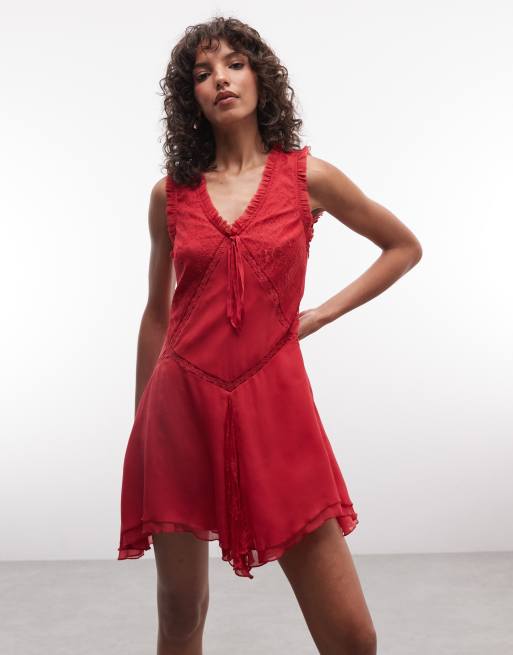 Reclaimed Vintage Kleid mit V-Ausschnitt in verbranntem Rot mit Leiter-Spitzendetail, 3 von 4