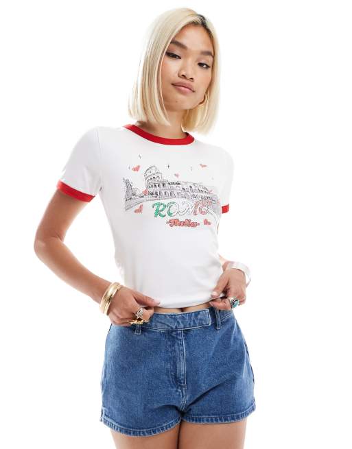 Reclaimed Vintage – Knapp geschnittenes Ringer-T-Shirt in Weiß mit Rom-Print
