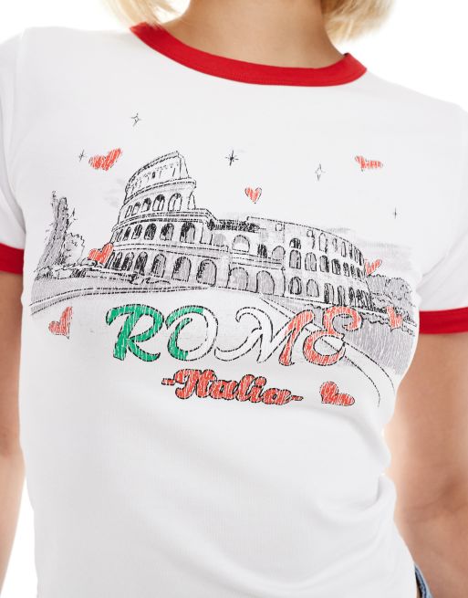 Reclaimed Vintage – Knapp geschnittenes Ringer-T-Shirt in Weiß mit Rom-Print, 4 von 4