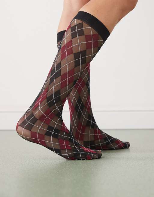 Reclaimed Vintage knee high sheer socks in red and black argyle