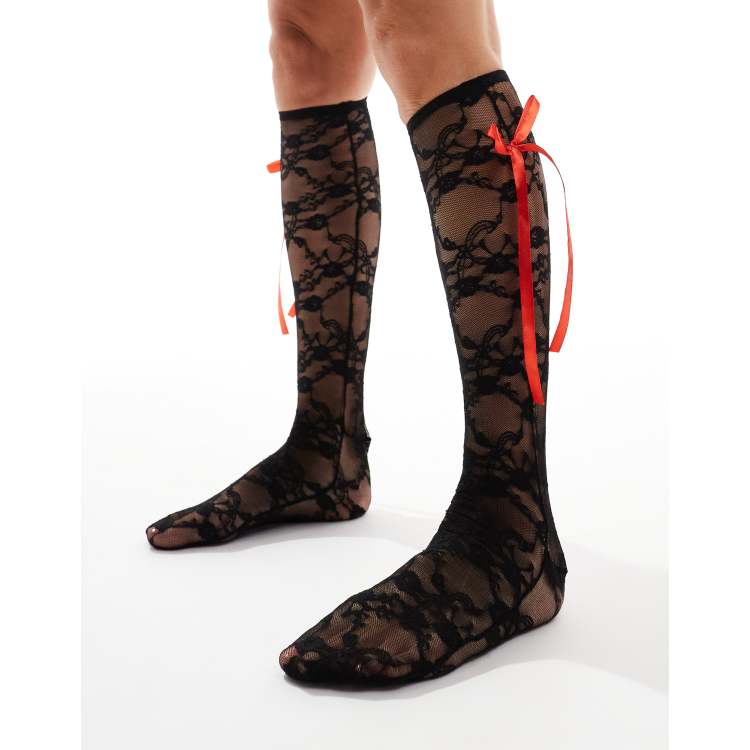 Reclaimed Vintage Knee High Socks with Red Bow in Black Lace
