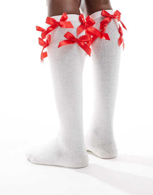 Reclaimed Vintage Knee High Socks with Red Bows in White