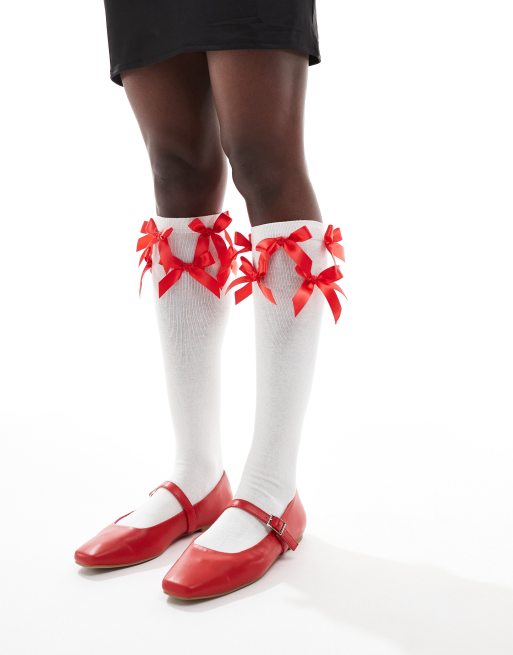 White knee high socks with red bows hotsell