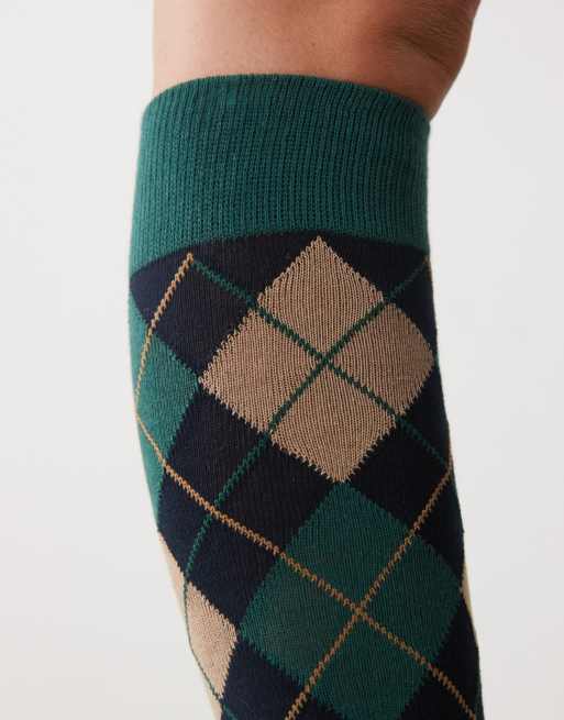 Reclaimed Vintage knee length socks in green and brown argyle print, 2 of 3