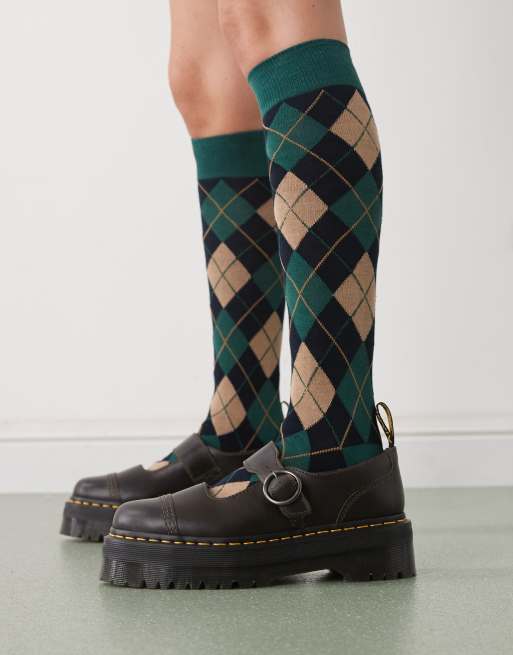 Reclaimed Vintage knee length socks in green and brown argyle print, 3 of 3