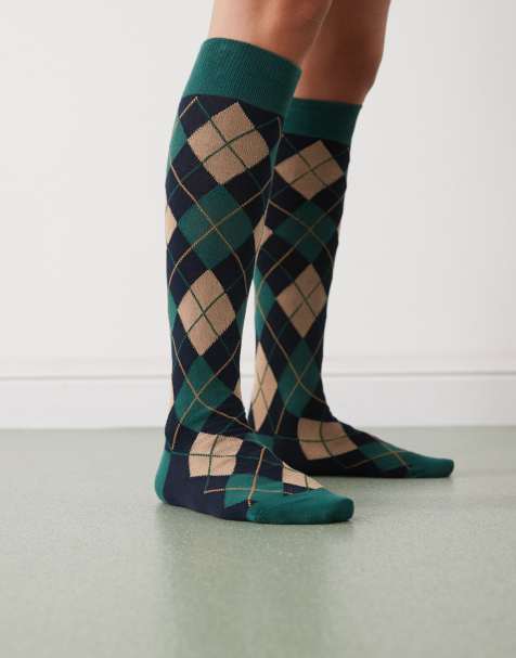 Reclaimed Vintage knee length socks in green and brown arygle print - view 1