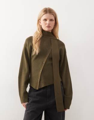 Reclaimed Vintage Knit Asymmetric Button Up Sweater With Matching Scarf In Green