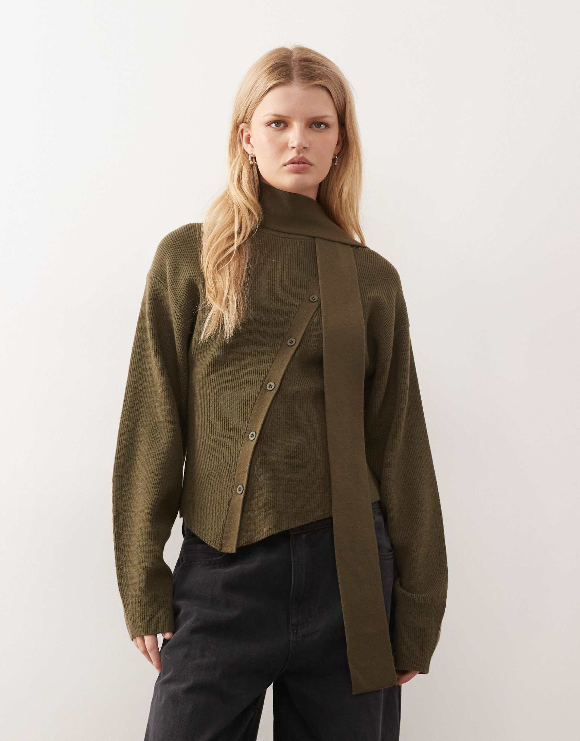 reclaimed vintage knit asymmetric button up sweater with matching scarf in green