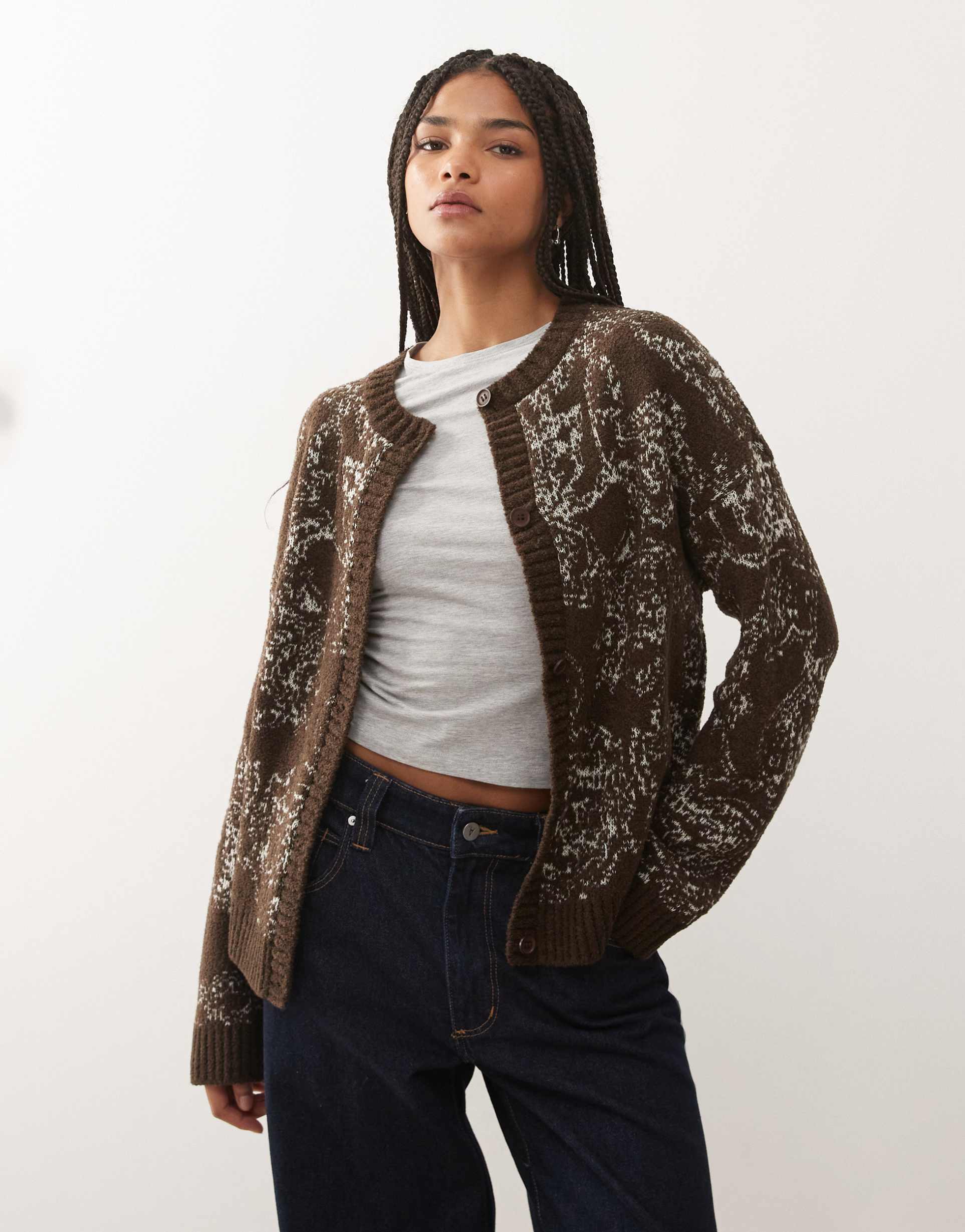 reclaimed vintage knit boxy cardigan with tapestry print in chocolate brown